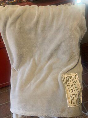 Rae Dunn " Happily Ever After" Grey Plush Throw Blanket SELLING AS IS